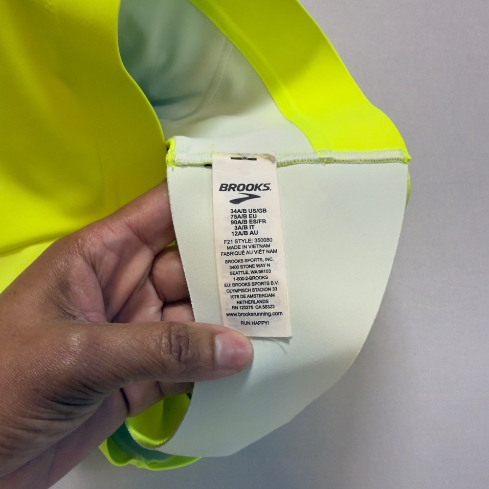 Brooks Neon Yellow High Neck Racerback Sports Bra 34A/B 350080 F21 Workout Gym - Picture 5 of 7